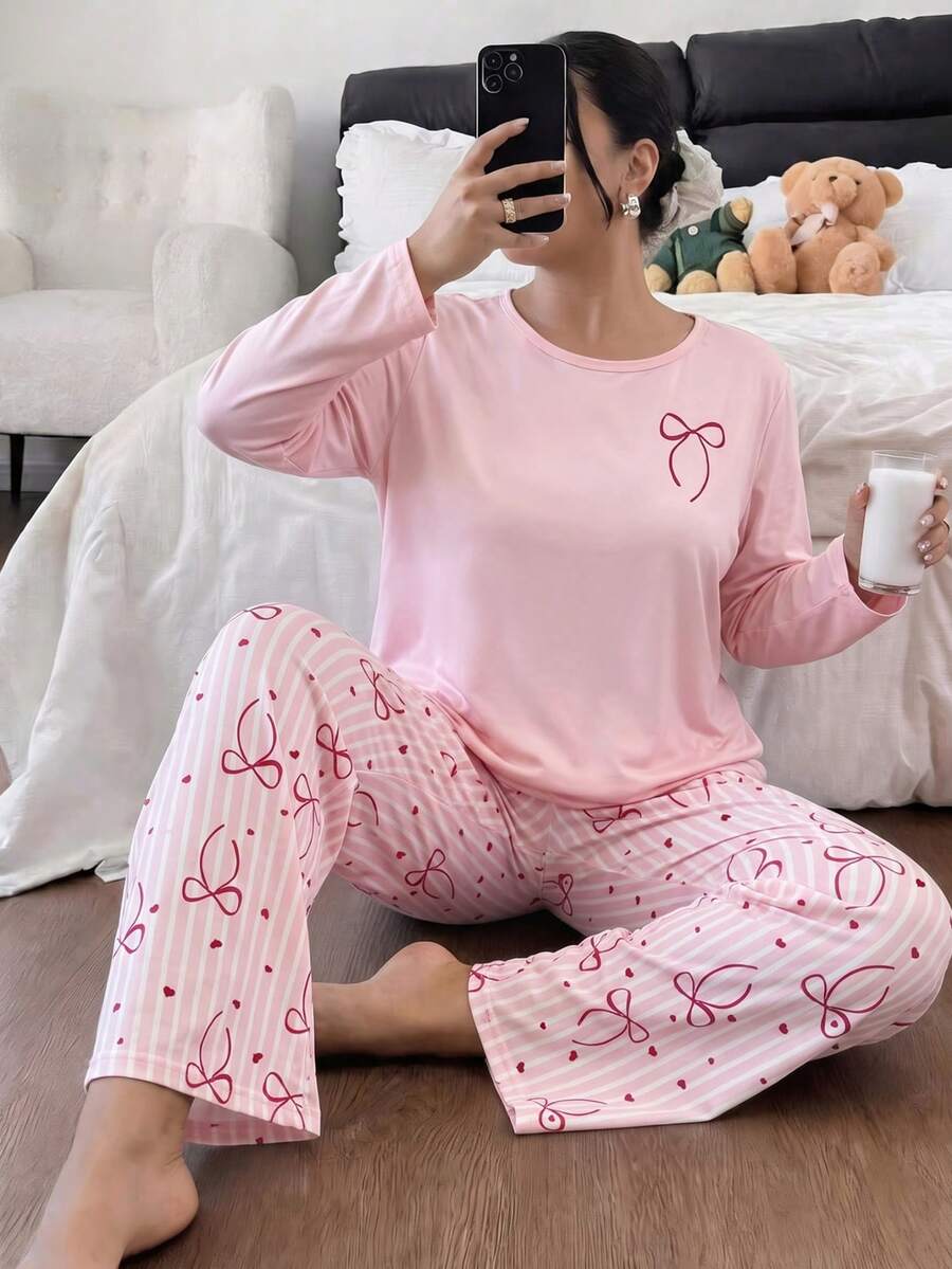 Women's Plus Size Pajama Set, Striped Bow Print, Long Sleeve Long Pants Loungewear Set, Autumn/Winter Clothing - Pink - View 1