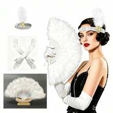 1/3 Pcs 1920s Flapper Girl Accessories - Feather Fan, Headband And Gloves Set, Suitable For Vintage Wedding, Dance, Costume Party,Halloween - Black - View 13