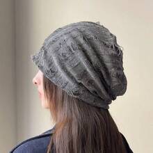 1pc Men's Distressed Ripped Thin Knit Beanie, Street Fashion Brand, Large Head Circumference Makes Face Look Smaller, Slouchy Knit Hat - Multicolor - View 4