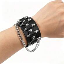 2pcs Punk Style Geometric Chain Bracelet + Rivet Skull Bracelet, Suitable For Men's Daily Punk Streetwear, Exquisite Bracelet Gift For Men - Black - View 5