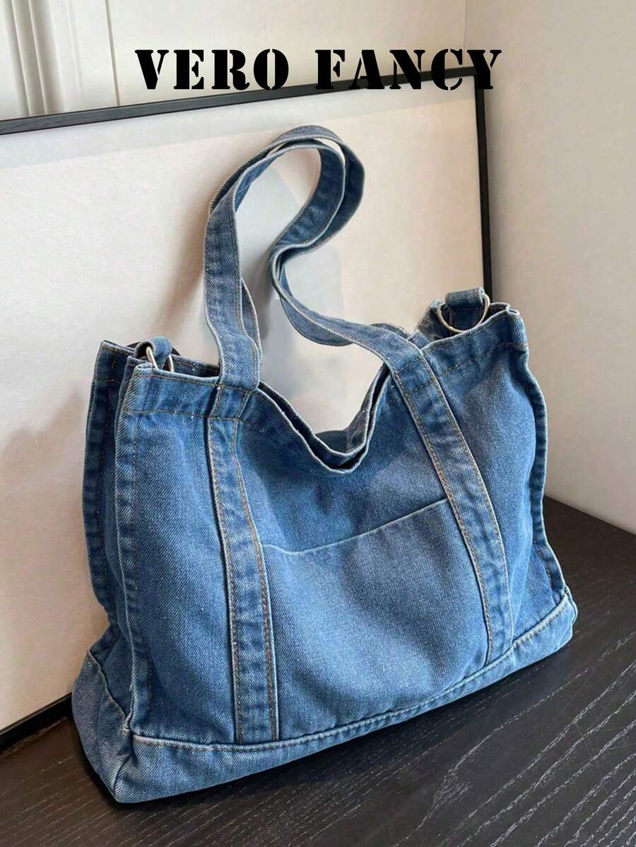 Street Fashion New Denim Large Capacity Handbag, Fashionable, Simple, Multi-Functional Solid Color Shoulder Bag, Retro Casual Crossbody Bag.