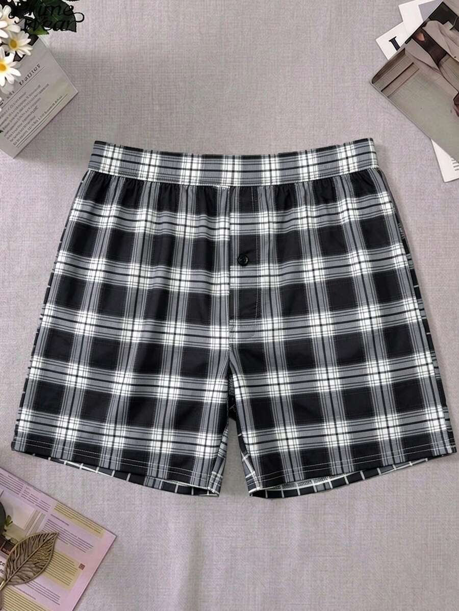 1piece Of Men Underwear, Soft And Comfortable Checkered Pattern Design Loose Corner Shorts, With Button Placket, Suitable For Daily Wear And Vacation - Multicolor - View 1