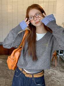 Autumn/Winter Korean Style 2 In 1 Plaid Patchwork Knit Sweater Women's Design V-Neck Embroidered Loose Slouchy Colorblock Pullover - Grey - View 1