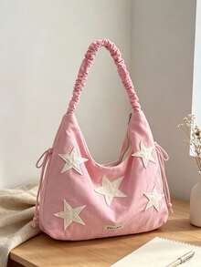 Star Patchwork Decor Shoulder Tote Bag, Ruched Strap Design, Vibrant Casual Style Women's Bag, Suitable For Daily School, Shopping, Dating, Travel, Fashionable Outfit - Pink - View 5
