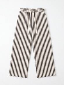 Men's Japanese Style Apricot Vertical Striped Wide Leg Pants, Drawstring Drape Straight Leg Casual Long Pants - Apricot - View 4