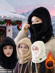 3pcs Set Winter Thickened Warm Face Mask Hat, Elastic Drawstring Design, Lightweight & Warm, Suitable For Cycling, Skiing And Other Outdoor Sports, Solid Color Fleece Windproof Ear Protection, Unisex - Multicolor - View 2