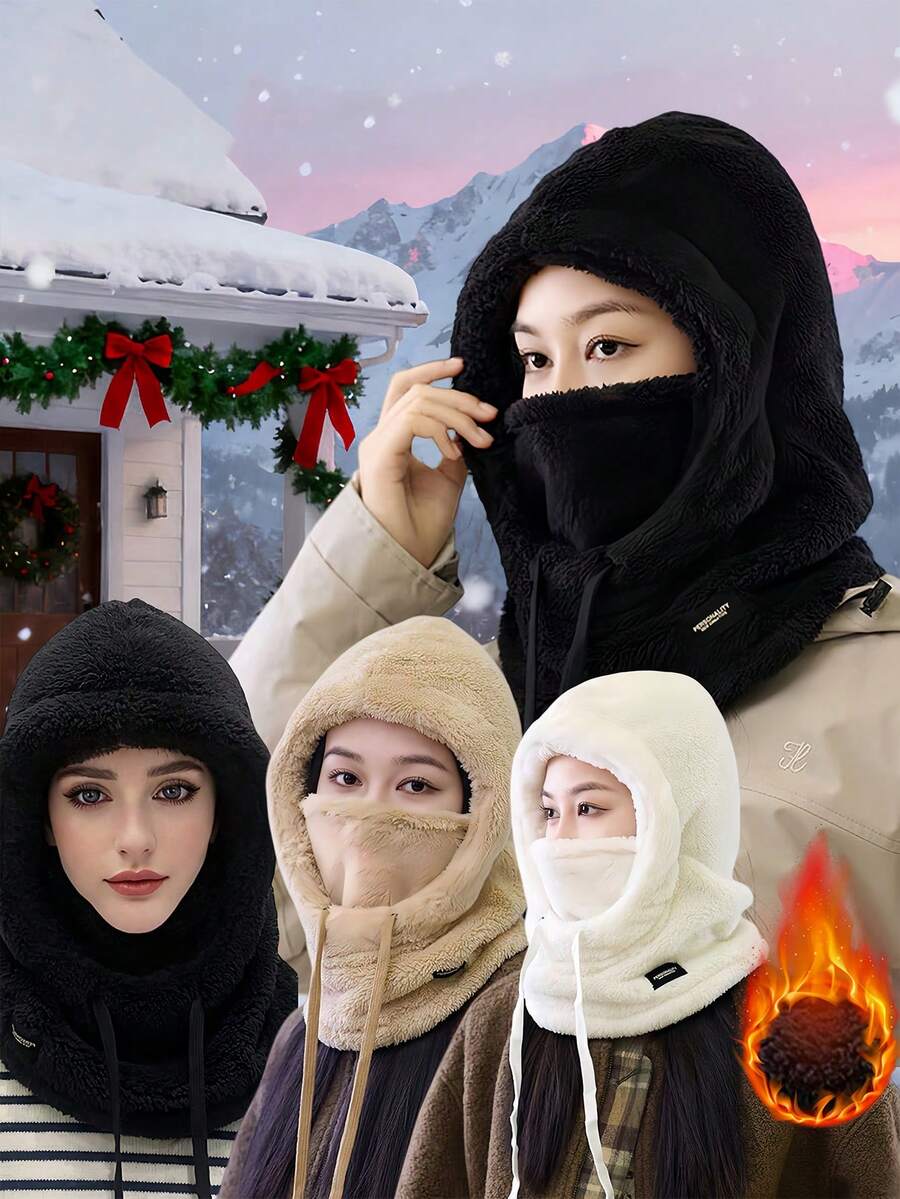 3pcs Set Winter Thickened Warm Face Mask Hat, Elastic Drawstring Design, Lightweight & Warm, Suitable For Cycling, Skiing And Other Outdoor Sports, Solid Color Fleece Windproof Ear Protection, Unisex