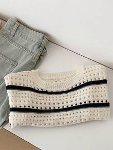 Spring/Autumn New Black & White Contrast Horizontal Stripe Hollow Knit Sweater, Round Neck Drop Shoulder Long Sleeve Loose Fit Versatile Thin Knit Top - Black and White - View 9