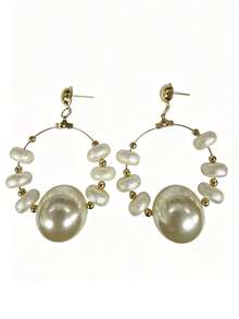 2pcs Bohemian Faux Pearl Beaded Metal Resin Large Hoop Earrings Studs For Women Party Daily Vacation Matching - White - View 5