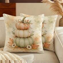 1pc/2pcs Autumn Watercolor Pumpkin Floral Print Pillowcase, Pastoral Style Polyester Square Single-Sided Zipper Closure Cushion Cover Without Pillow Insert, Suitable For Daily Home, Sofa, Bed, Bedroom, Living Room, Cafe, Exhibition Hall, Decorative Pillowcase, Daily Holiday Party Decoration - Yellow - View 9