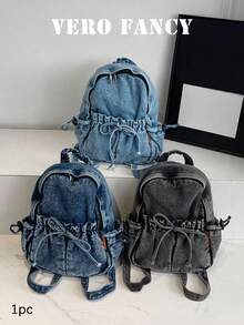 Fashionable Retro Style Versatile Backpack, Multi-Pocket Drawstring Large Capacity Shoulder Bag, Suitable For College Commuting And Shopping - Blue - View 2