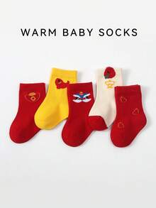 5 Pairs Kids' New Year Red Mid-Calf Socks, Spring/Autumn - Multicolor - View 2