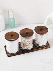3pcs Transparent Plastic Round Cotton Swab Storage Box (With Tray) / 1pc Modern Portable Desktop Storage Box (Home Use) - Multicolor - View 1