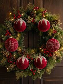 1pc/Set Christmas Tree Hanging Ornament Set, Dark Green Velvet Christmas Balls With Shiny Sequins, Shatterproof Hanging Decor, Includes Christmas Ribbon, Suitable For Christmas Party Decoration, Christmas Tree Decoration And Home Decor - Red Christmas Ball - View 2