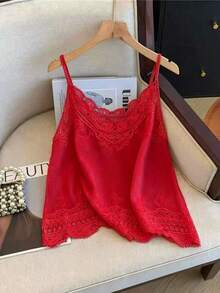 女款時尚復古休閒寬鬆純色鏤空刺繡蕾絲拼接細肩帶背心上衣 - 紅色 - 查看 5