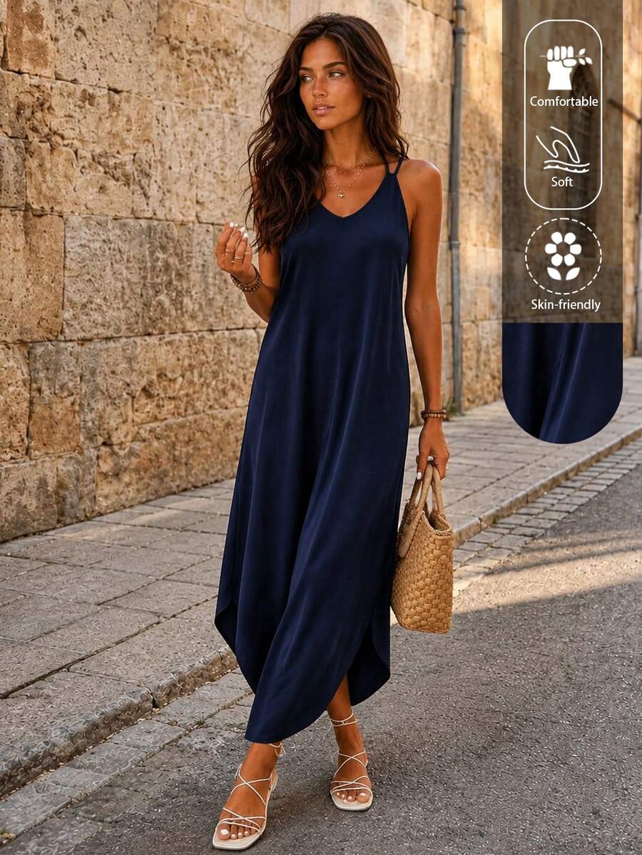 EARO 女款休閒細肩帶背心洋裝,側開衩長版不對稱下擺陽光洋裝,高彈性面料優雅款 - 藏蓝色 - 查看 1