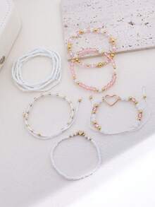 10pcs/Set Bohemian Style Handmade Seed Bead Hollow Heart Bracelet Set, Women's Jewelry Accessories - White - View 3