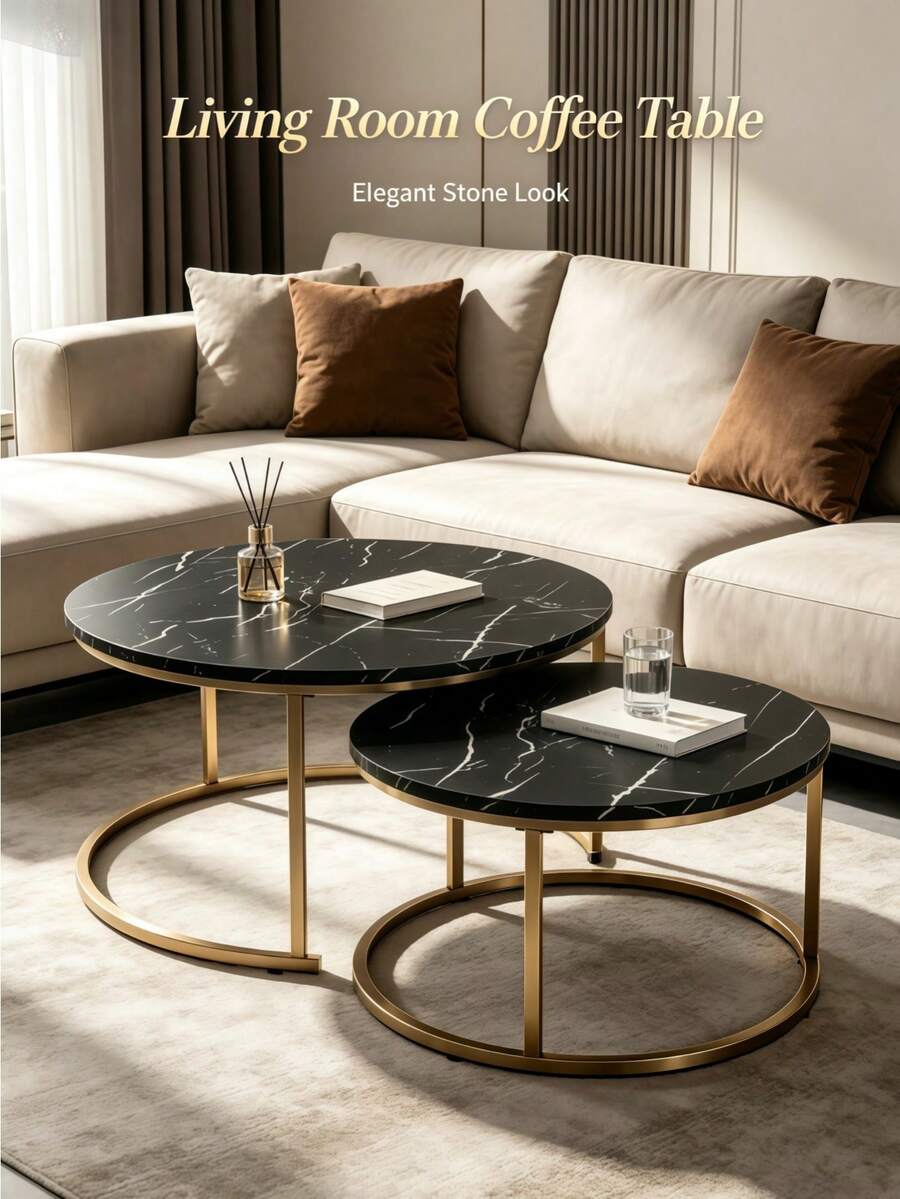 Stackable Marble Table With Metal Frame, Living Room Coffee Table With Sturdy Frame & Embedded Marble Surface, Movable & Space-Saving, Great Side Table For Living Room, Bedroom, Balcony And Terrace, One Random Floor Mat Included