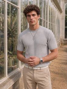Men's Vertical Ribbed Knit Short Sleeve, Slim Fit Casual Basic Streetwear Top - Light Grey - View 1