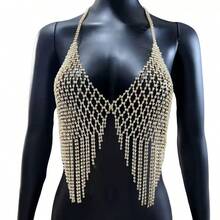 Nightclub Party Shiny Tassel Crystal Body Chain, Women's Sexy Mesh Rhinestone Body Chain - Gold - View 2