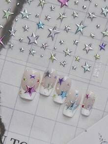 1pc Metal Nail Art Sticker, Self-Adhesive Minimalist Delicate Small Accessory Nail Decal, Hot Stamping Rainbow Star Nose Stud Sticker - Multicolor - View 4