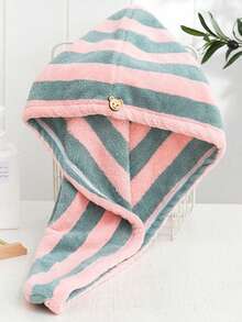 Thickened High-Density Cationic Coral Fleece Hair Drying Cap For Women, Soft Absorbent Head Wrap, Minimalist Striped Bath Cap - Multicolor - View 3