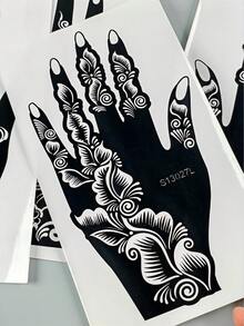 2對海娜風格花卉手部紋身模板，左右手阿拉伯旋渦紋 Mehndi 模板，DIY 身體彩繪貼紙，適用於節慶派對臨時紋身創作 - 黑色 - 查看 5