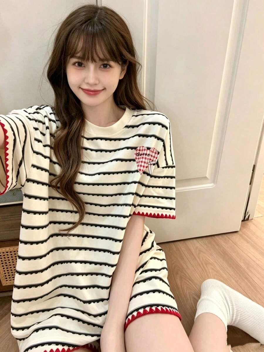 2pcs/Set Piyama Wanita, Motif Garis-garis Modis, Pola Lucu, Pullover Lengan Pendek Romantis, Pakaian Musim Semi/Panas, Kain Mudah Perawatan - Aprikot - View 1