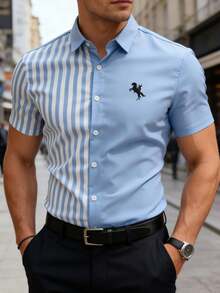 GOLDREDY Men's Plus Size Casual Fashion Shirt, Striped Solid Color Fabric, Short Sleeve, Custom Horse Print Design, Commute Versatile Minimalist - Blue - View 1