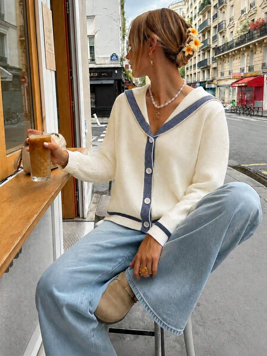 Women's Knitted Sailor Collar Long Sleeve Cardigan, Front Button Decor, Lightweight Regular Fit Top, Fashionable Casual Style Suitable For Daily Commute, Cute Sweater - Apricot - View 1