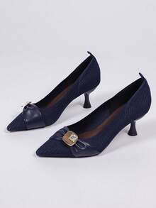 Women's Navy Blue Pointed Toe Kitten Heel Pumps, Rhinestone Bow Low-Cut Elegant Commuter Stiletto Heels, Versatile Soft Upper Mid-Heel Fashion Shoes, Suitable For Work, Party, Dating - Navy Blue - View 6