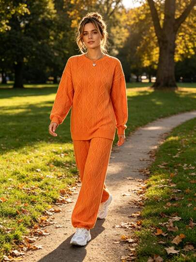 Women's White Cable Knit Two-Piece Set, Dropped-Shoulder Long-Sleeve Top, Elastic Cuff Jogger Pants, Loose Casual Loungewear Set For Autumn And Winter