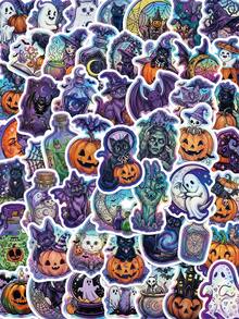 50Pcs Halloween Holographic Cartoon Stickers Dark Style Pumpkin Black Cat Stickers For Laptop Water Bottle Fridge Journal Phone DIY Crafts Stickers - Multicolor - View 13