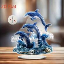 2D Flat Double-Sided Blue Dolphin Acrylic Decorative Ornament - Elegant Desktop Decor, Suitable For Home, Office, Bedroom And Cafe - No Power Required, Color Box Pack Christmas Gift, Dolphin Home Decor, Exquisite Wave Pattern Design, Great For Christmas And Halloween Decoration - A - View 2