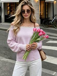 Women Autumn Light Purple Off‑Shoulder Knit Sweater Lace Trim Drop Shoulder Button Waist Pullover Back To School Festival Daily Tops - Mauve Purple - View 9