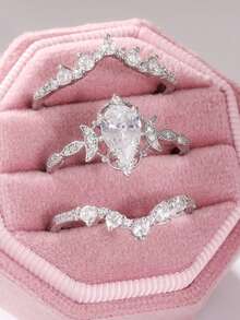 3pcs Set Exquisite Luxury Sparkling Teardrop Shaped Women's Rings, Suitable For Various Occasions, Ideal Holiday Gift - Silver - View 10