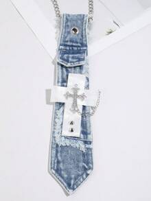 1pc Y2K Hot Girl Snowflake Wash Denim Tie With Rhinestone Cross, Frayed Edge Chain Halter Neck Personalized Shirt Accessory - Multicolor - View 9