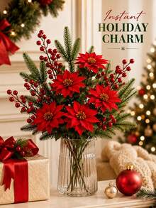 Artificial Christmas Poinsettia Bouquet DIY Set, Includes Red Berry Branches And Greenery, Holiday Floral Decoration, Suitable For Tabletop, Christmas Tree And Wreath - Multicolor - View 2