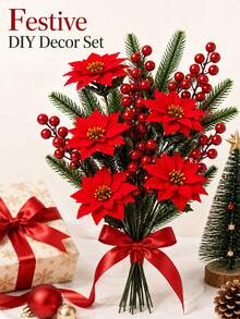 Artificial Christmas Poinsettia Bouquet DIY Set, Includes Red Berry Branches And Greenery, Holiday Floral Decoration, Suitable For Tabletop, Christmas Tree And Wreath - Multicolor - View 4