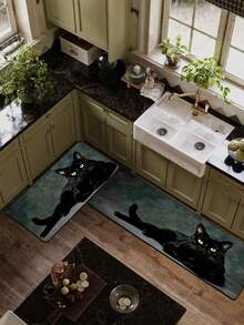1pc Cool Black Cat Pattern Diatomaceous Earth Kitchen Mat, 3.5mm Trimmable, Sponge Pressure Relief Rubber Bottom Easy To Clean, Kitchen Entryway Laundry Room Living Room Universal Anti-Slip Rug - Multicolor - View 1