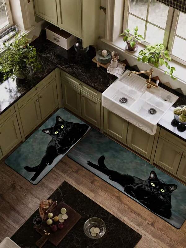 1pc Cool Black Cat Pattern Diatomaceous Earth Kitchen Mat, 3.5mm Trimmable, Sponge Pressure Relief Rubber Bottom Easy To Clean, Kitchen Entryway Laundry Room Living Room Universal Anti-Slip Rug