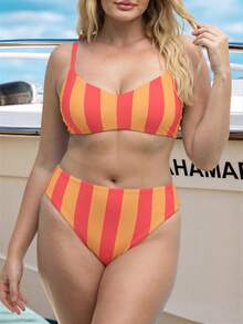 2026 Summer New Plus Size Women's Red & Yellow Wide Vertical Stripe Print Bikini Set, Random Print Shoulder Straps, Fresh Sweet Style Two Pieces Swimwear, High Waist Tummy Control, Fashionable & Versatile, Suitable For Beach Leisure, Hot Spring Vacation, Beachwear - Red and Yellow Stripes - View 5