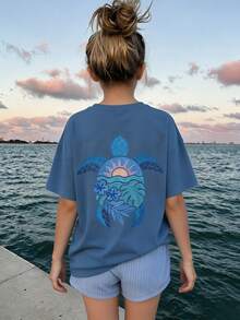 1pc Tween Girl Printed Short Sleeve T-Shirt, Student Youth Clothing, Summer Gift - Dusty Blue - View 1