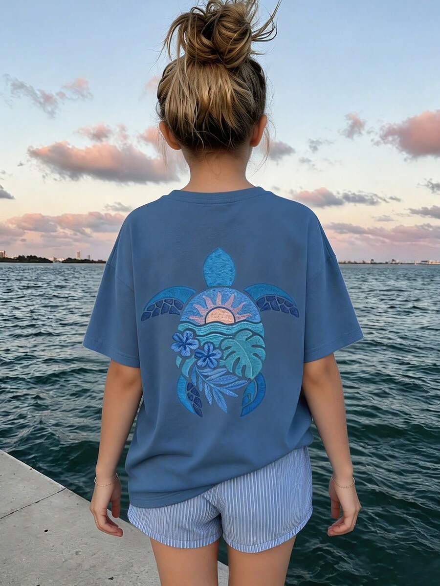 1pc Tween Girl Printed Short Sleeve T-Shirt, Student Youth Clothing, Summer Gift - Dusty Blue - View 1