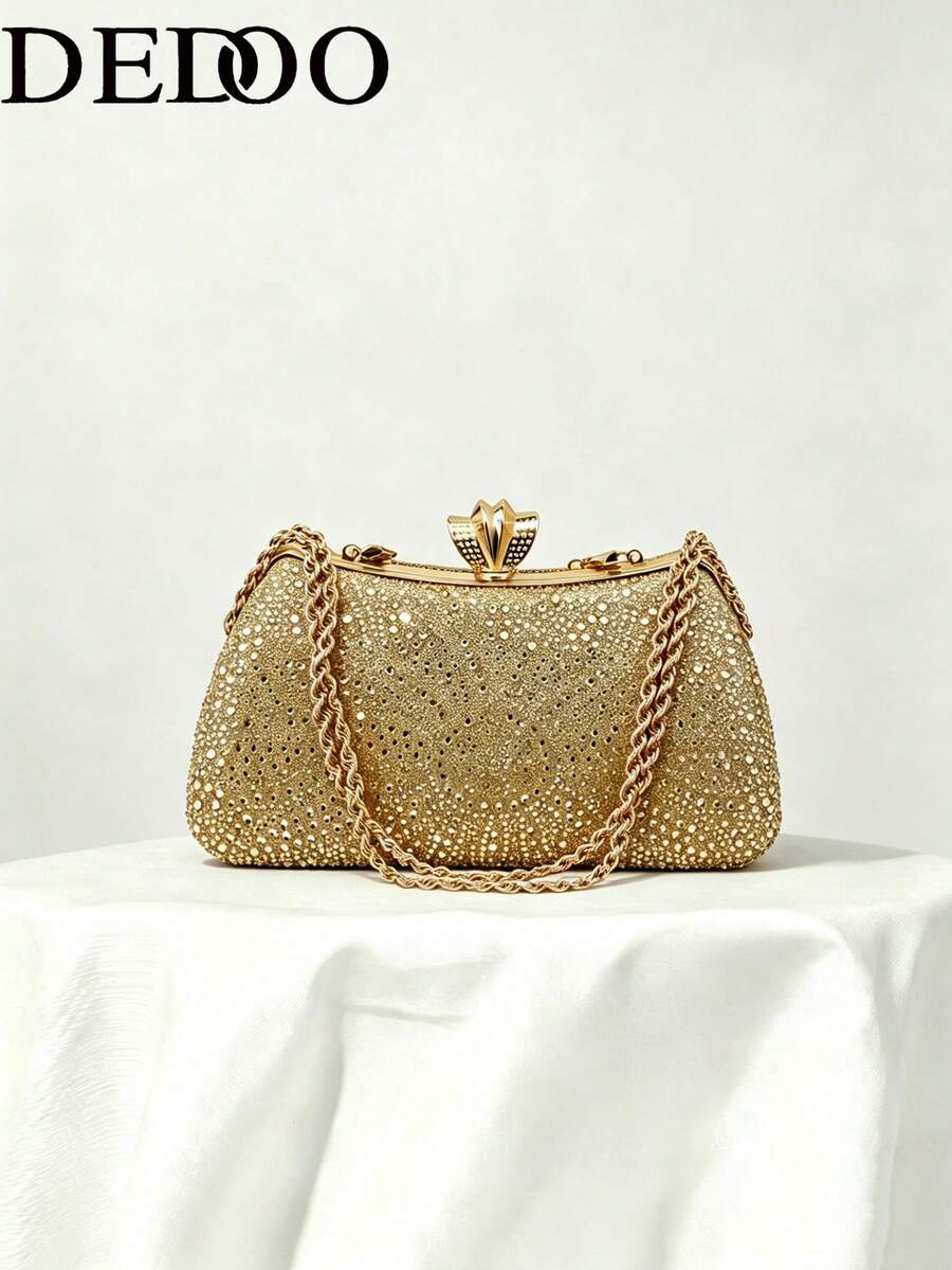 Dedoo 1pc Shiny Gold Rhinestone Decorated Elegant Women's Clutch Bag, Suitable For Evening Party, Wedding, Cocktail