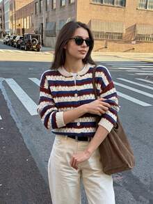 女款時尚鏤空條紋針織外套 秋季女裝 優雅夾克 外出穿搭 長袖女士開襟衫 - 藍色 - 查看 1