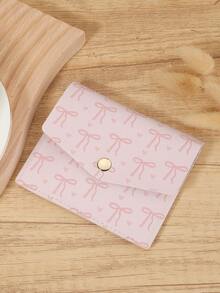 New Fashionable Bow Printed Short Card Wallet, Foldable Flip Button With Multiple Card Slots For Outdoor Card Storage, Suitable For Commuting - Pink - View 4