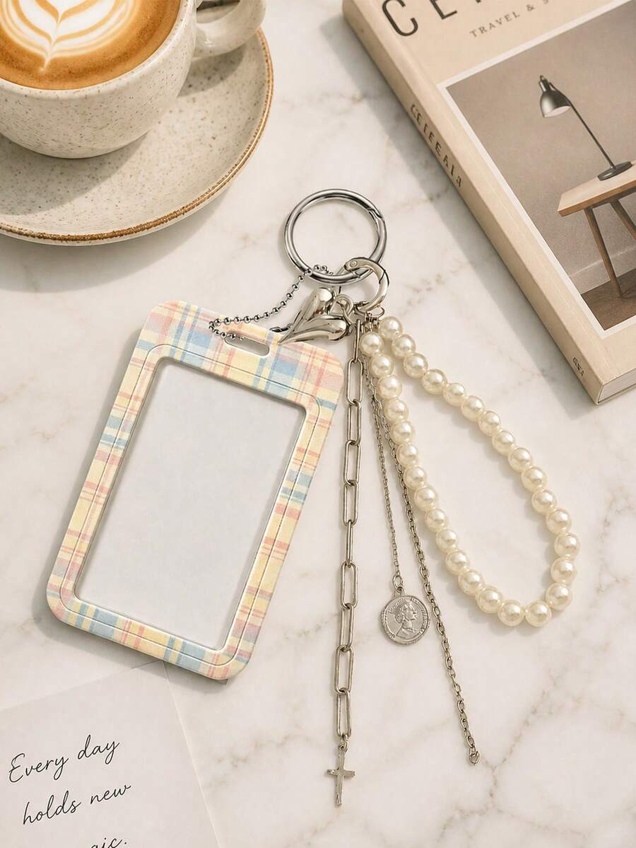 Y2k Colorful Sliding Card Holder Keychain With Pearl Love, Portable Id Badge Holder,Credit Card Holder, Suitable For School/Work/Office/Daily Use - Multicolor - View 1
