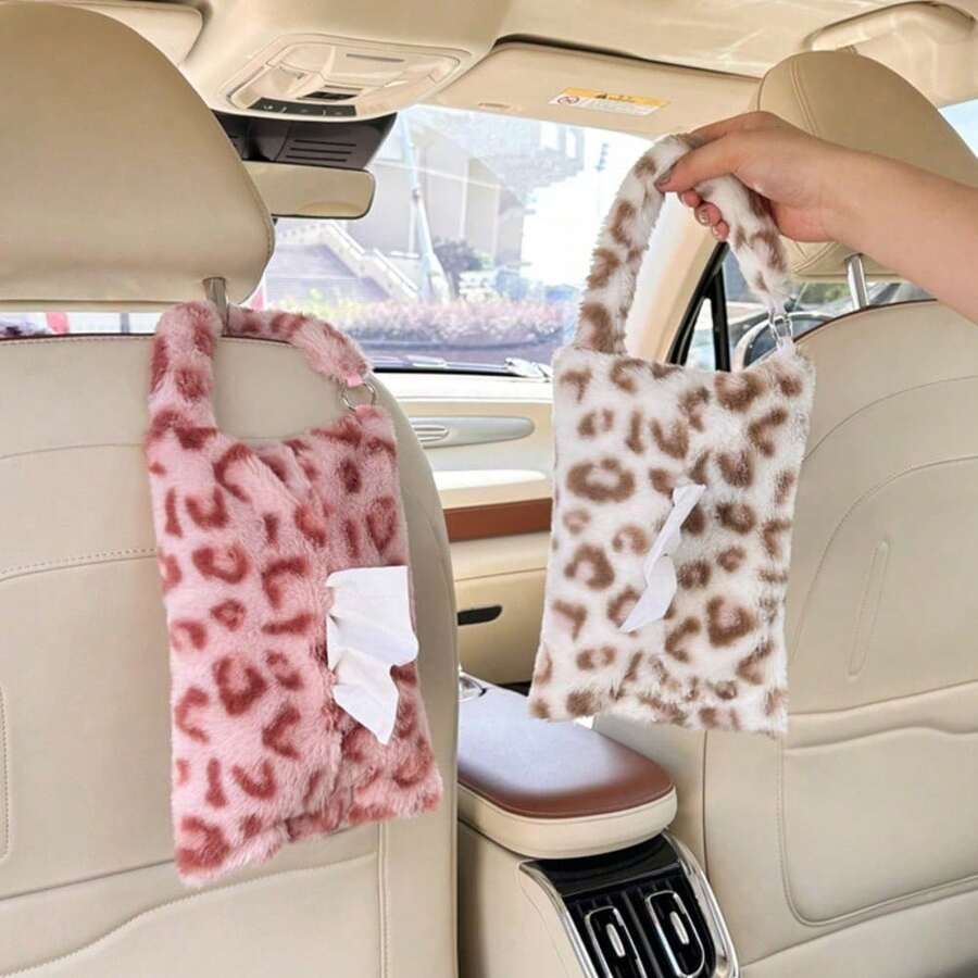 1pc Car Tissue Box Holder, Cute Plush Leopard Print, Hanging Seat Tissue Bag, Car Interior Decor