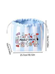Striped Cosmetic Bag With Cosmetic-Themed Print, Large‑Capacity Portable Travel Toiletry Pouch, Multifunctional Storage Organizer For School Shopping Spring Outing, Back‑To‑School Birthday Wedding Gift - Multicolor - View 9